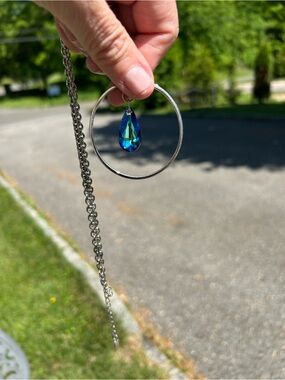 Swarovski Silver-Tone Hoop Necklace with Blue Teardrop Crystal